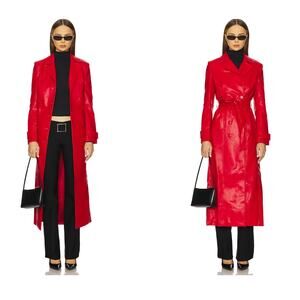 Bardot x REVOLVE Faux Leather Longline Coat in Famous Red